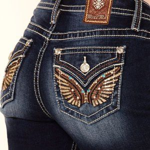 Like New Miss Me Women's Brown Embroidered Angel Wing Turquoise Stone Bootcut